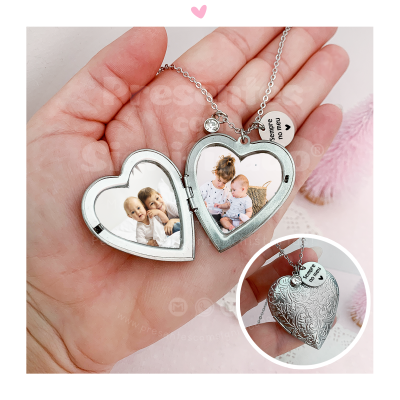 Colar coração prateado com fotos e pingente 'I LOVE YOU TO THE MOON AND BACK'