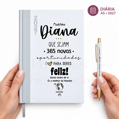Agenda diária A5 personalizada branca e cinza para 2027 com texto para madrinha Diana e caneta associada