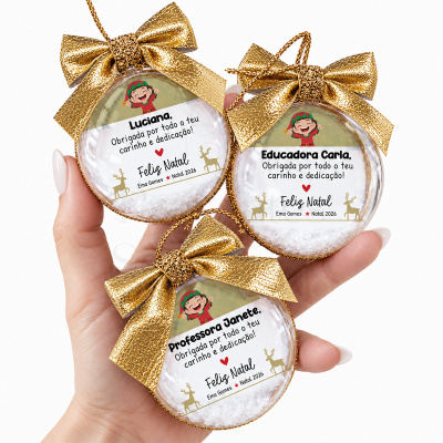 Bolas de Natal transparentes com laços dourados e mensagens personalizadas para professores e educadores