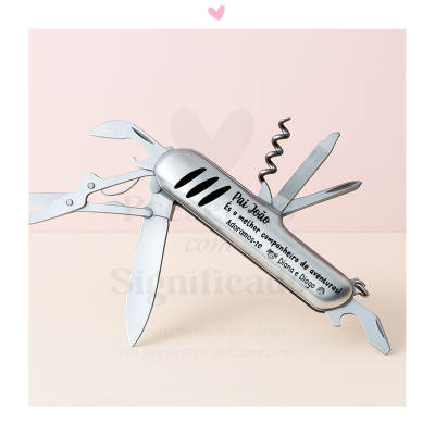 Canivete multiusos prateado com gravação personalizada para Pai João