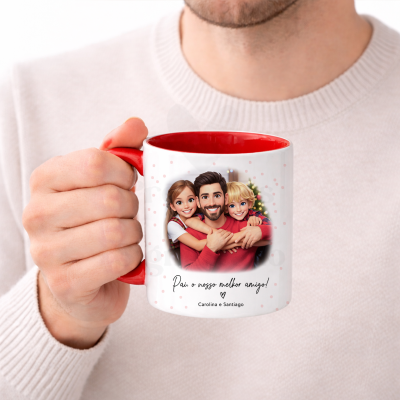 Caneca branca com interior e asa vermelhos, ilustração de homem com duas crianças e texto personalizado