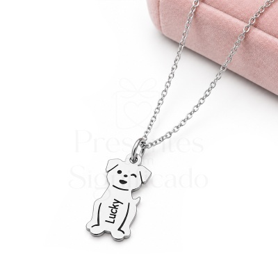 Colar com pendente de cão Lucky em metal prateado