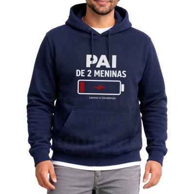 Sweatshirt azul escura com capuz e estampa branca de pai de duas meninas