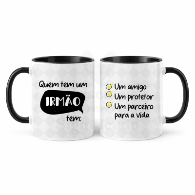 Duas canecas brancas com interior e pega pretos e texto em português