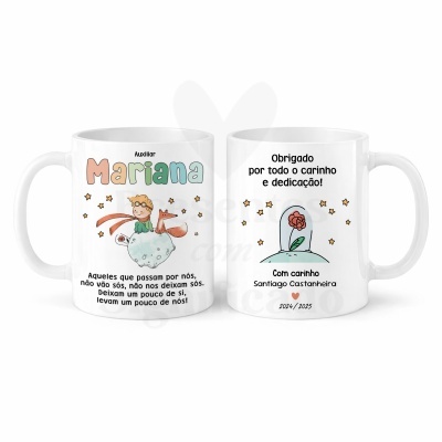 Duas canecas brancas com textos e desenhos coloridos de agradecimento