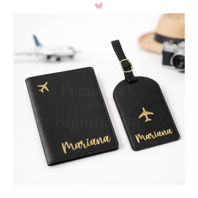 Conjunto de capa para passaporte e etiqueta de bagagem preta com nome Mariana e avião dourado