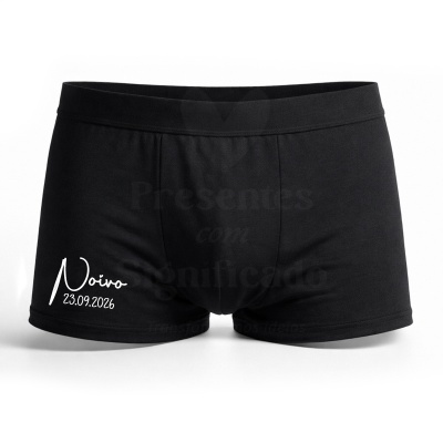 Cuecas boxer pretas com texto branco Noivo 23.09.2026