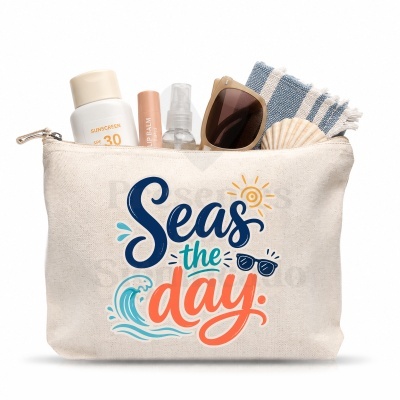 Bolsa de tecido com objetos de praia e mensagem colorida