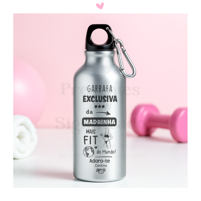 Garrafa metálica prateada com texto em português e mosquetão preto