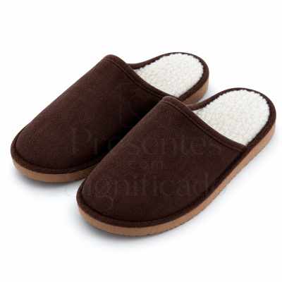 Pantufas castanhas confortáveis com interior felpudo branco