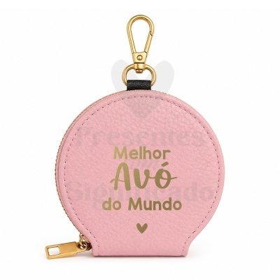Mala pequena redonda rosa com fecho dourado e texto Melhor Avó do Mundo