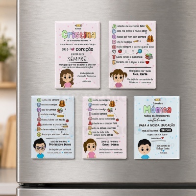 Imãs decorativos para educadores com desenhos infantis e textos em português