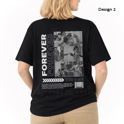 T-shirt preta com estampa de fotos a preto e branco e texto FOREVER no verso