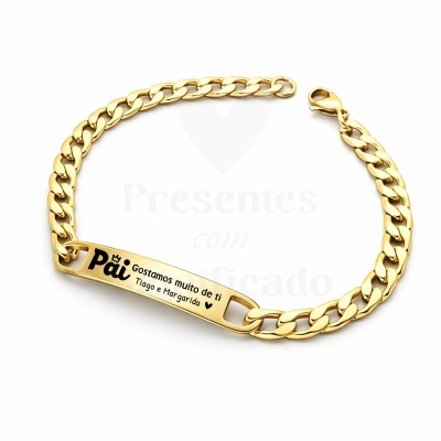 Pulseira dourada com chapa gravada em preto com texto para pai