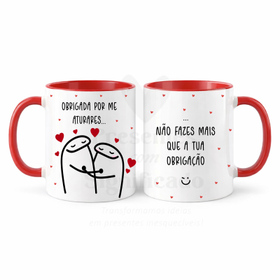 Duas canecas brancas com interior e pega vermelha com textos e desenhos de corações e pessoas a abraçar.