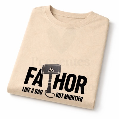 Camisola bege dobrada com estampa preta do martelo do Thor e texto FATHOR LIKE A DAD BUT MIGHTIER