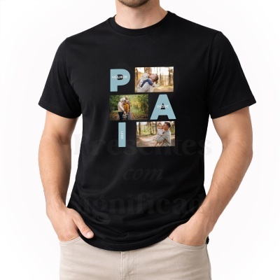 T-shirt preta com estampa de fotos e texto MELHOR PAI DESDE 2021