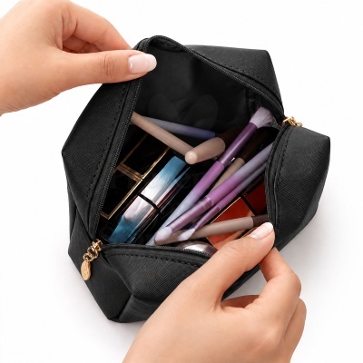 Necessaire preta aberta com pincéis de maquilhagem e batons no interior