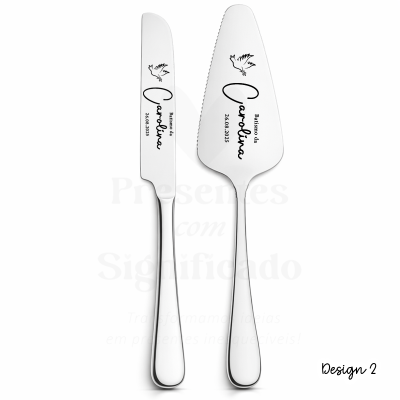 Faca e pá para bolo em metal com gravação personalizada para batismo