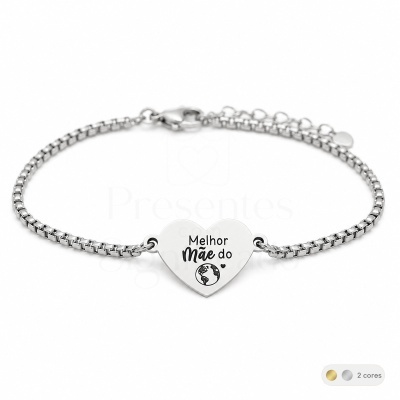 Pulseira metálica prateada com pendente coração e inscrição para mãe