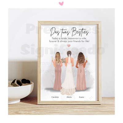 Pôster emoldurado de três mulheres vestidas para casamento visto de costas