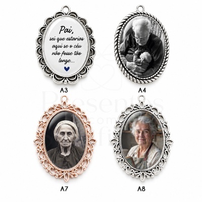 Quatro medalhões ovais com fotos e texto, molduras metálicas decorativas