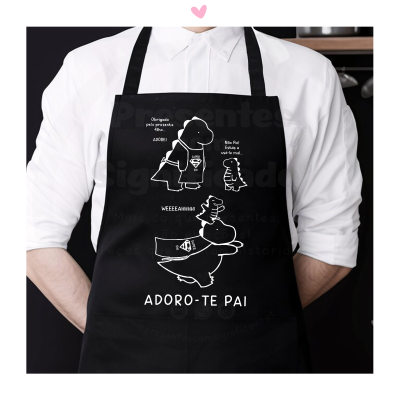 Avental preto com desenhos brancos de dinossauros e texto em português