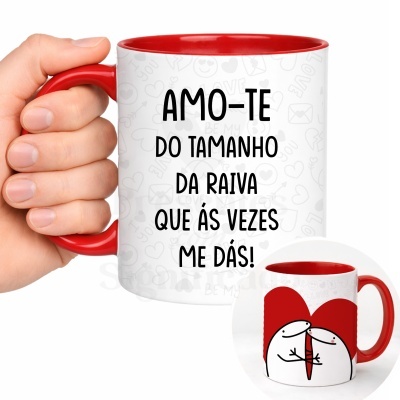 Caneca branca com interior e pega vermelhos e texto em português