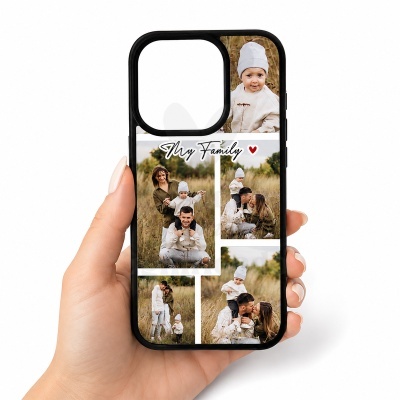 Capa de telemóvel preta com colagem de fotos de família ao ar livre e texto My Family}