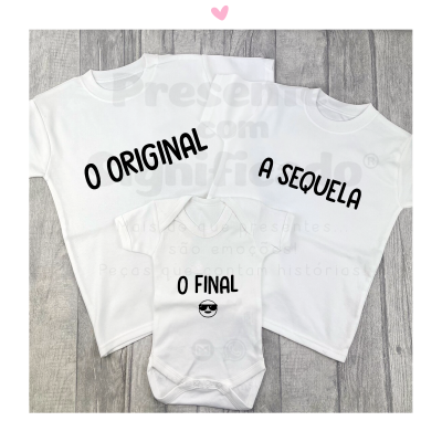 Conjunto de duas T-shirts brancas e um body branco com frases em português em preto