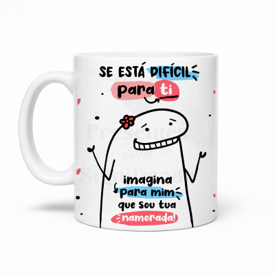 Caneca branca com ilustração e texto em português colorido