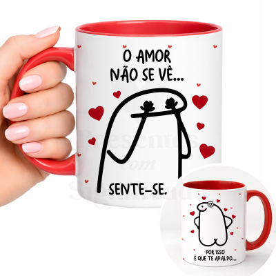 Caneca branca com interior e asa vermelhos e frases amorosas em português