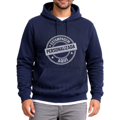 Sweatshirt azul escuro com capuz e estampagem branca personalizada no peito