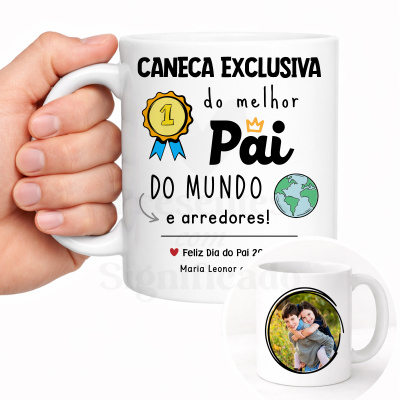 Caneca branca com texto colorido e foto de duas crianças abraçadas