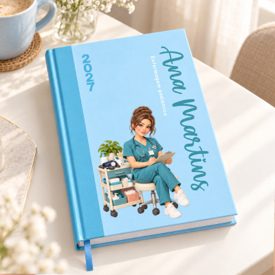Livro azul claro com ilustração de enfermeira e texto Ana Martins Enfermagem pediátrica 2027