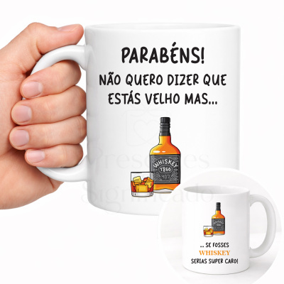 Caneca branca com texto e ilustração de whiskey