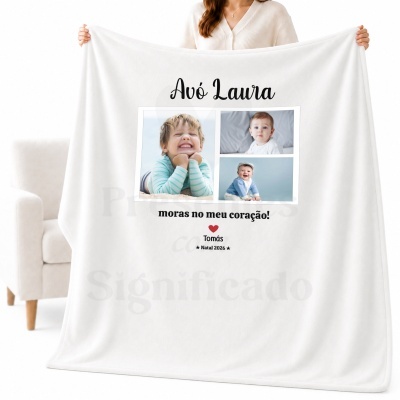 Manta branca personalizada com fotos e texto em preto e vermelho
