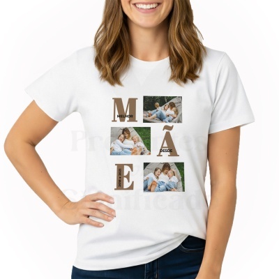 T-shirt branca estampada com letras e fotos de mulher e crianças