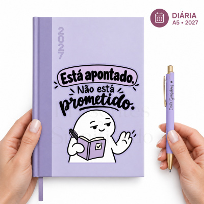Agenda diária A5 2027 lilás com ilustração e caneta lilás com texto personalizado
