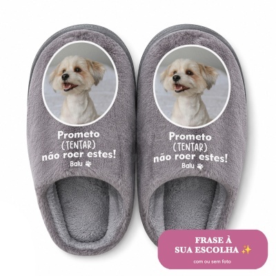 Chinelos cinzentos com foto de cão e texto personalizado