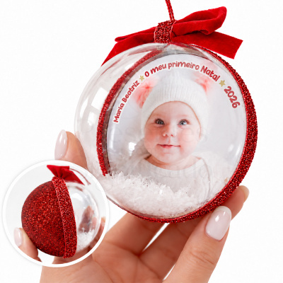 Bola de Natal transparente personalizada com foto de bebé e fita vermelha
