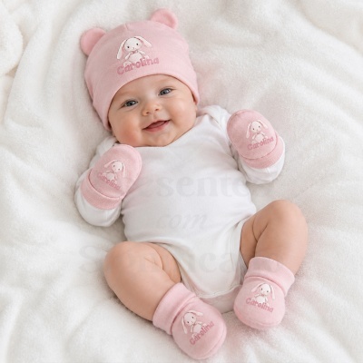 Bebé com gorro, luvas e sapatinhos cor-de-rosa com coelho e texto Carolina