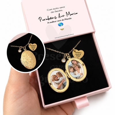 Colar medalhão dourado com pingente em formato de coração e caixa rosa com mensagem para avó