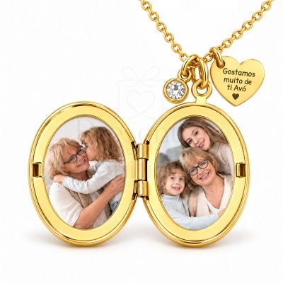 Colar com medalhão dourado com fotos e pingente de coração com texto para avó