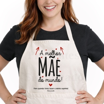 Avental branco com texto em preto e vermelho A melhor MÃE do mundo!.