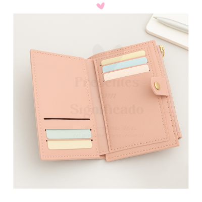 Carteira rosa clara aberta com cartões coloridos e fecho de botão dourado