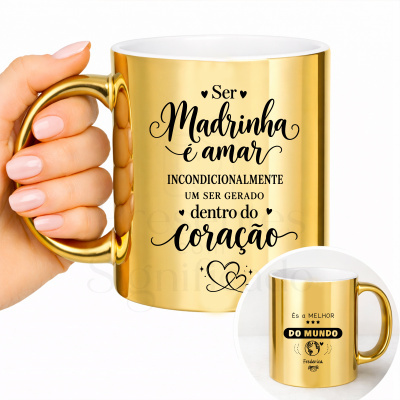 Caneca dourada metálica com texto em português e decoração de corações.
