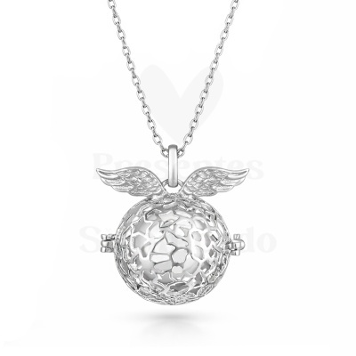 Colar prateado com pendente redondo e asas em padrão de estrelas