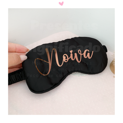 Máscara de dormir preta com texto dourado 'Noiva'