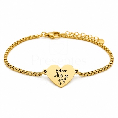 Pulseira dourada com placa em forma de coração e gravação Melhor Avó do